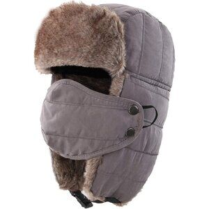 Men Gray Trapper Hat Warm Winter with Removable Face Mask Earflaps Faux Fur